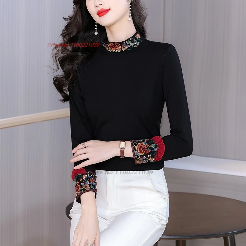

2025 chinese traditional t-shirt national flower embroidery stand collar folk shirt retro vintage base shirt improved hanfu tops