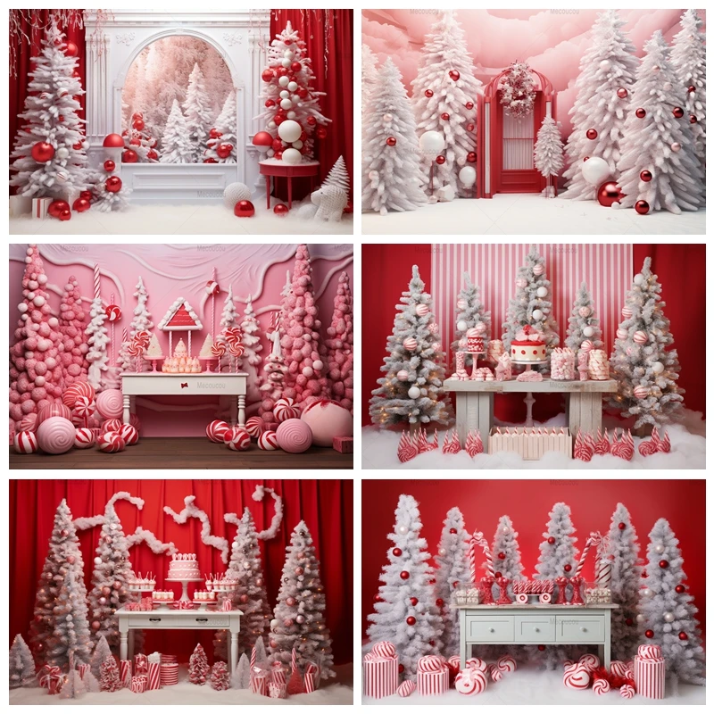 Christmas Party Photography Backdrop Pink Tree Gifts Candy Baby Portrait Photographic Family Party Background Photo Studio Props