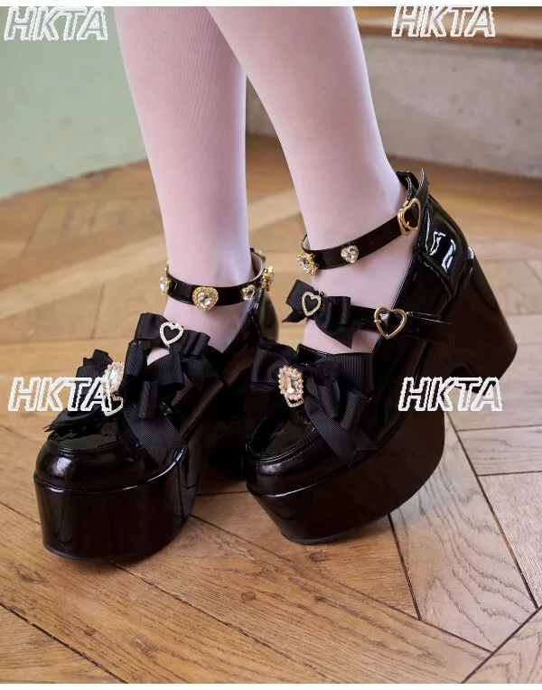Japanese Mass Produced Sweet Rhinestone Love Bow Lace Lolita Platform Mary Jane Shoes Women High Heel Pumps Black Heels Shoes
