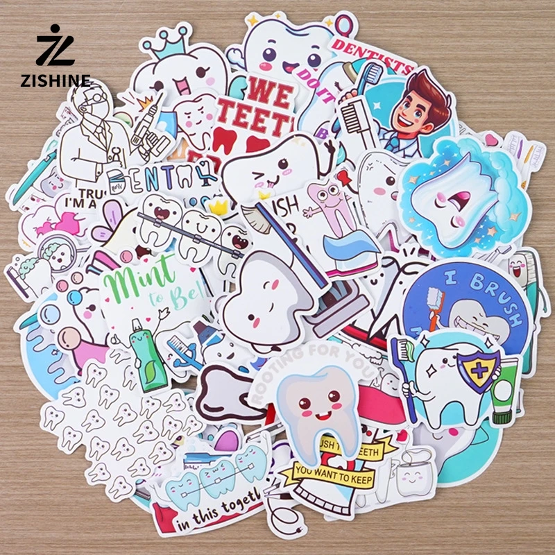 100Pcs Cute Dental Tooth Shaped Stickers Dentist Store Toothbrush Cartoon Teeth Sticker Wallstickers Decoration Dentistry Gifts