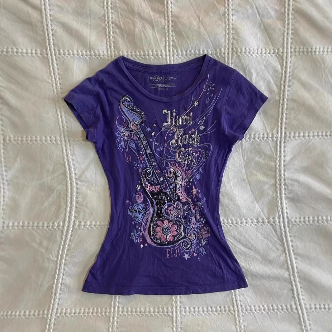 

American Retro Vintage Purple Rock Style Design Guitar Print Short Sleeved Women's Waist Cinching T-shirt