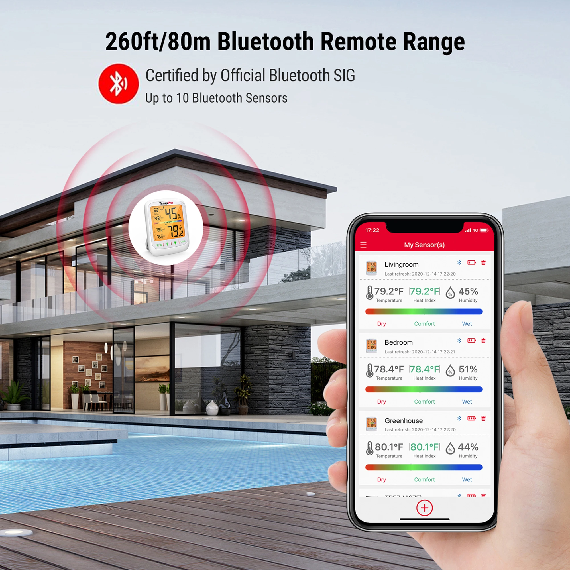 TempPro TP359 Kabelloser 80M Bluetooth-verbundener Smartphone-App-gesteuerter Digitaler Innenraum-Thermometer Hygrometer mit Datengeschichte – Detail 3