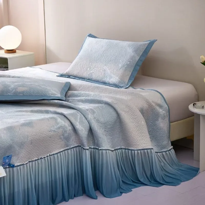 

Luxury Ice Silk Cooling Sheet Set - 3pc Washable Bedding with Skirt & Dot Design Bed Sheets and Pillowcases Bed Comforter Set