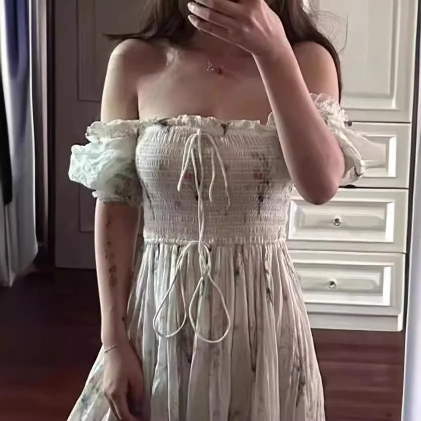 Primavera Estate New Sle American Country Stampa floreale Puff Sve Colletto quadrato Gonna longuette a trapezio in cotone Dr