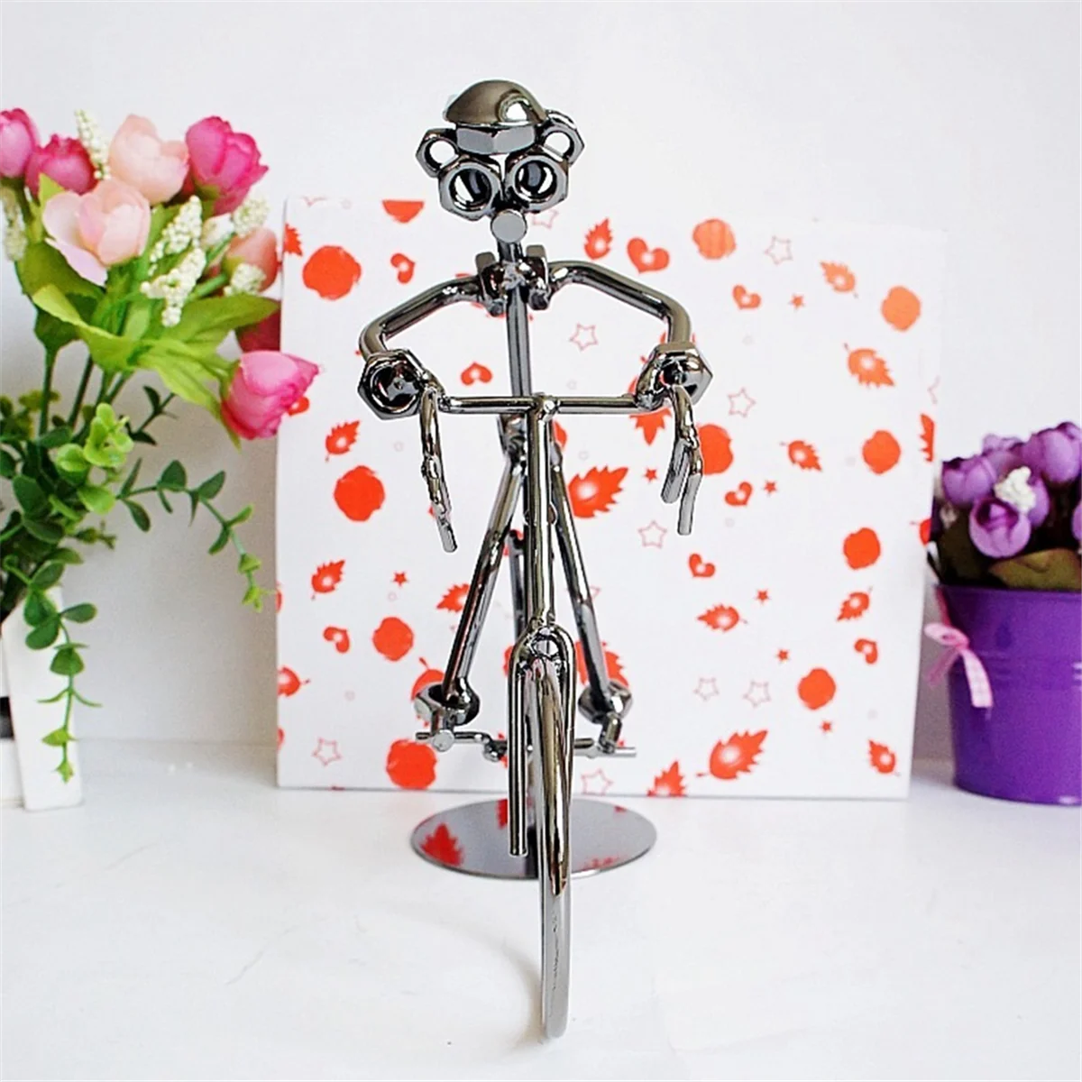 A84E-Retro Cyclists Model Iron Art Metal Bicycle Ornament A Man Riding Bike Statue Figurine for Home Library Desk Decoration