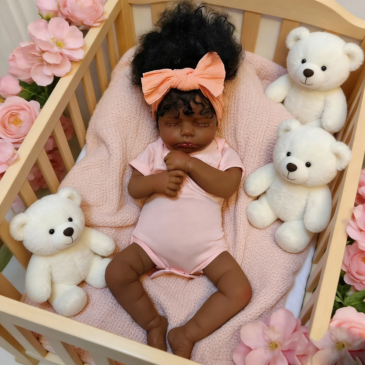 19 inch LouLou herboren pop donkere huid zacht stoffen lichaam, levensechte pasgeboren met meerdere lagen schilderen 3D huid handwortel krullend haar