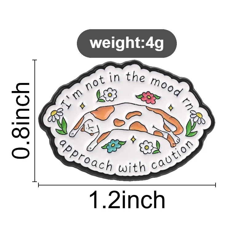 Not In The Mood Approach With Caution Cat Enamel Pin, Calico Kitten On Oval Floral Frame For Introverts And Social Battery Style