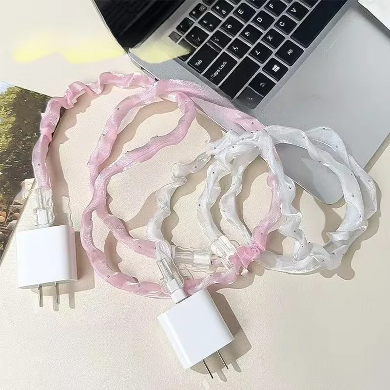 3PCS Cute Mesh Data Cord Protective Cover Charger Cable 18/20W Winder Protector Anti Dust TypeC Soft Data Line Protectors