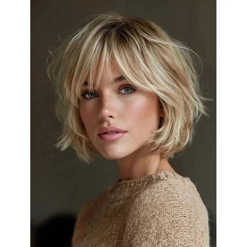 New Fashion Womens Layered Short Blond Brown Full Wigs 10 Inch