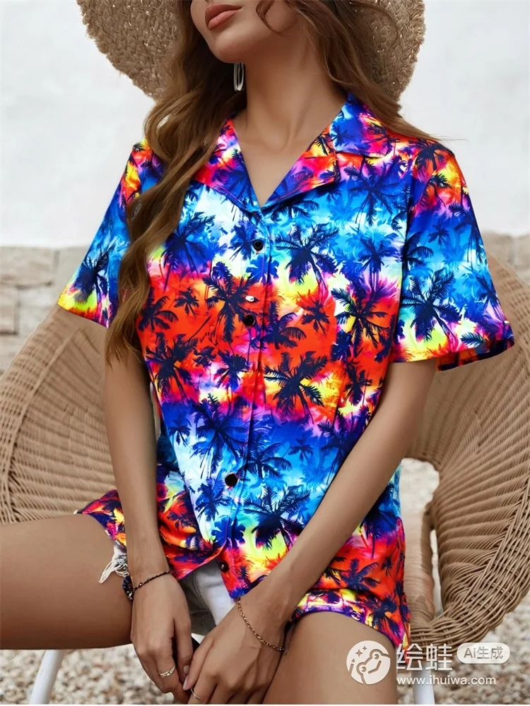 2025年新作のトロピカルな植物プリントが施されたレディース半袖シャツは、ファッショナブルでカジュアルな夏の休暇にぴったりです。