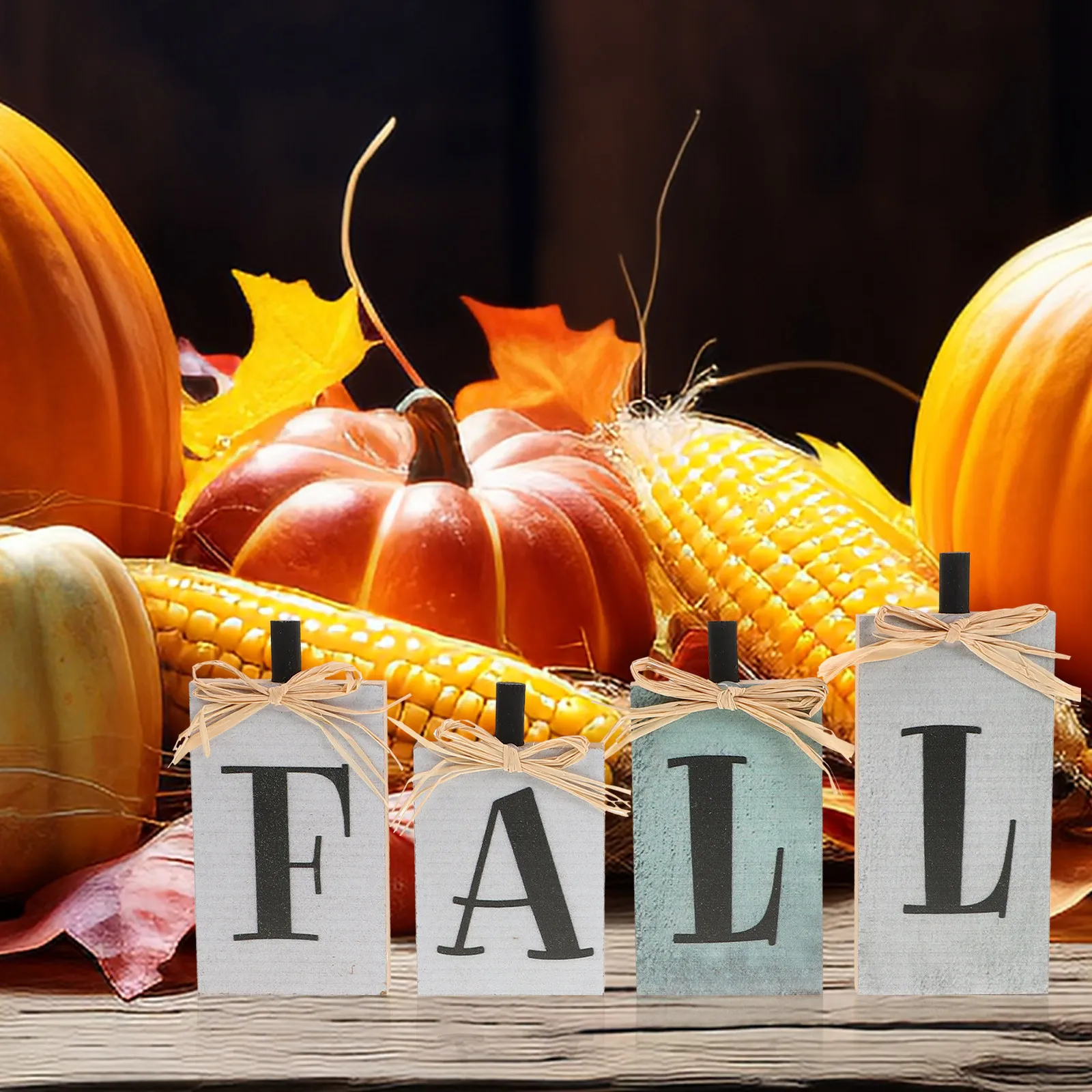 4Pcs Wooden Block Decorations Thanksgiving Autumn Table Sign Fall Home Office Decor Seasonal Accents