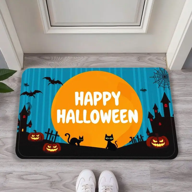 VIKAMA Blue Striped Full Moon Black Cat Castle Halloween Mat, Non-Slip Door Rug for Bathroom & Entryway, Festive Decor