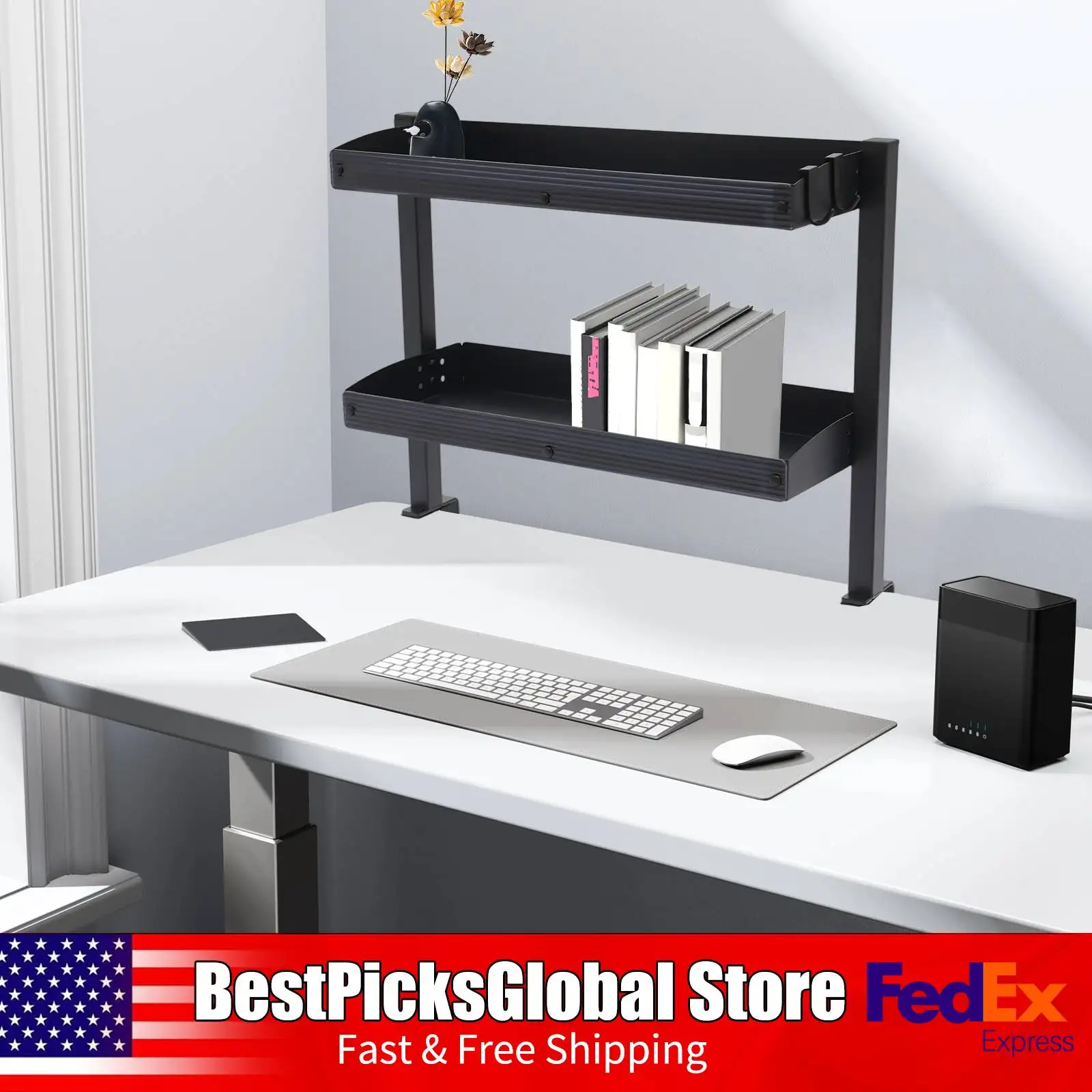 

2-х ярусная полка с зажимом, черная, экономия места, настольные плавающие полки-органайзер для книг, журналов