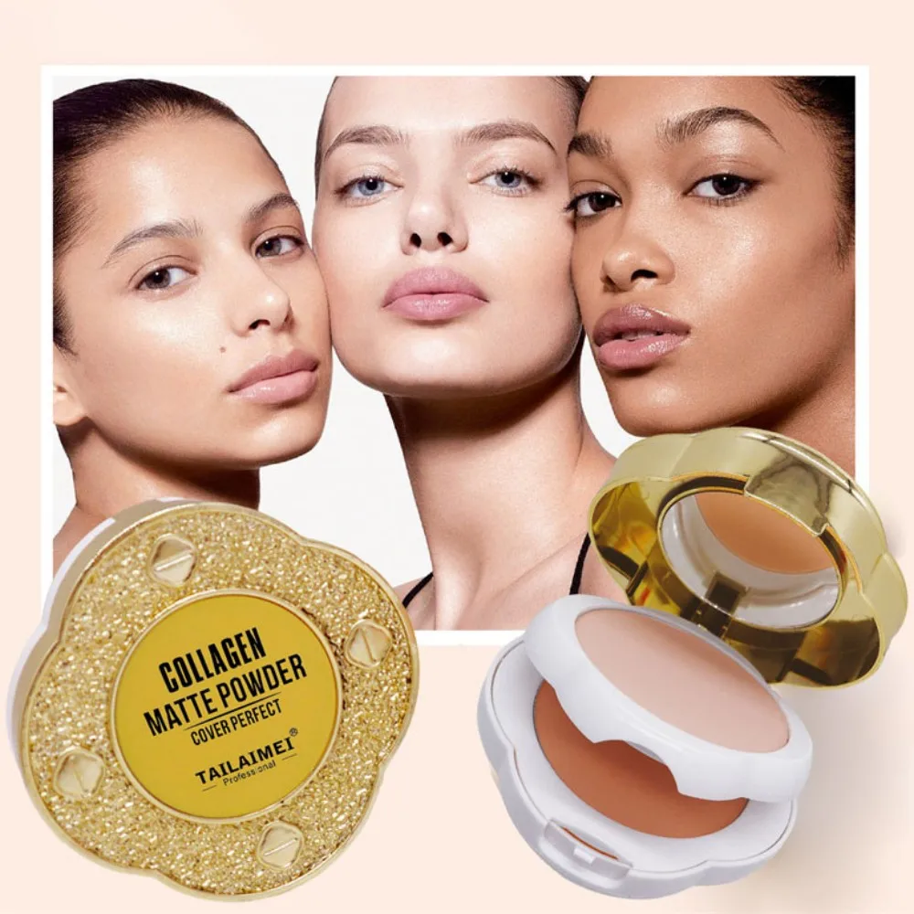 بودرة أساس طبيعية مضغوطة غير لامعة للتحكم في الزيوت وتبييض الوجه وقاعدة كريم أساس مدمجة وخافي عيوب البشرة ومستحضرات التجميل