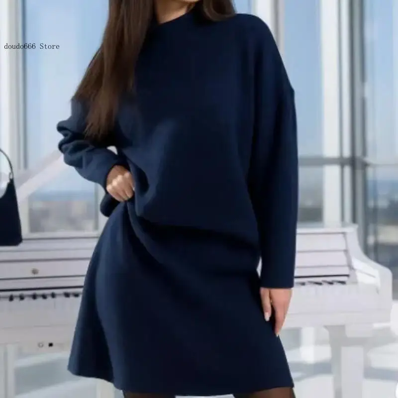 European and American Semi High Neck Sweater Set Skirt Autumn and Winter Loose Knitted A-Line Skirt Knitted Two-Piece Set