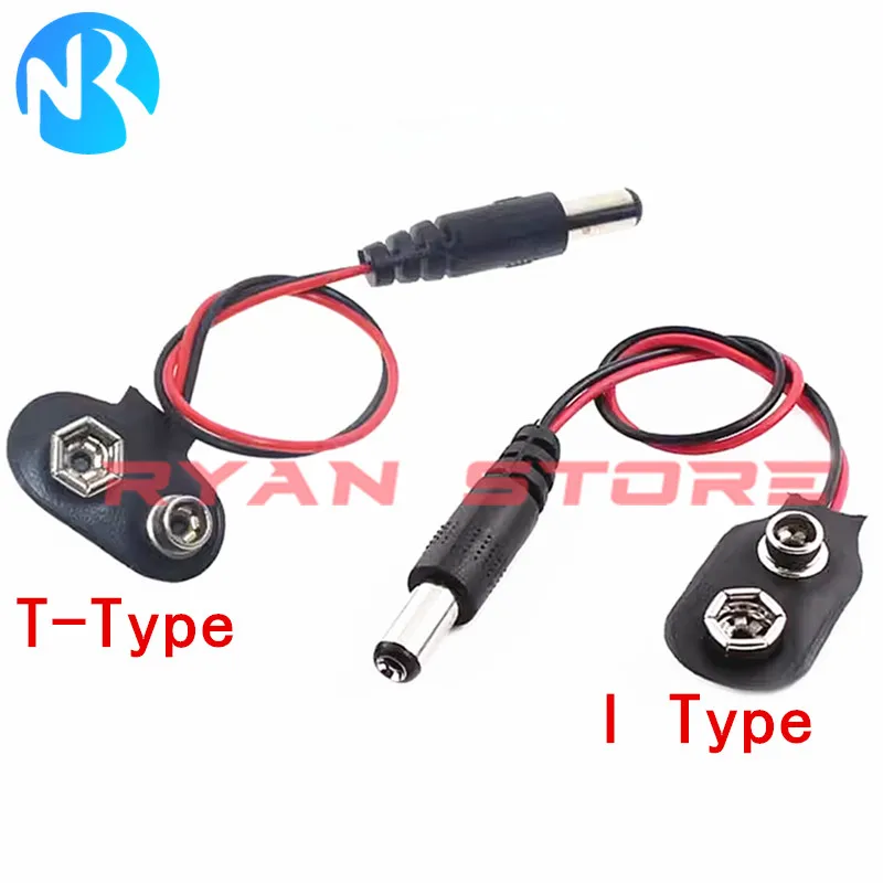 DC 9vバッテリーボタン電源ケーブル、バックルスナップ、電源ケーブルコネクタ、DC 5.5x2.1、5.5x2.1mm、12.5mm、tタイプ、diy、100個