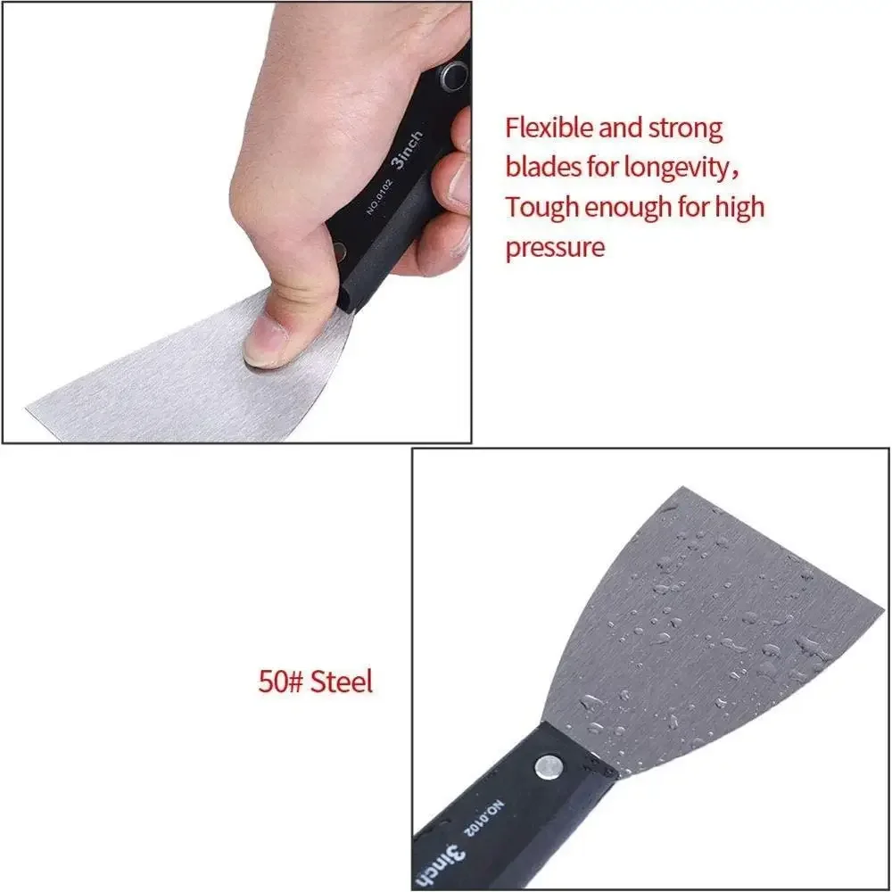 7PCS Carbon Steel Putty Knives Set Flex Drywall Knife Paint Scraper Kit 7 Sizes Soft Grip Handle Canvas Storage Bag Included