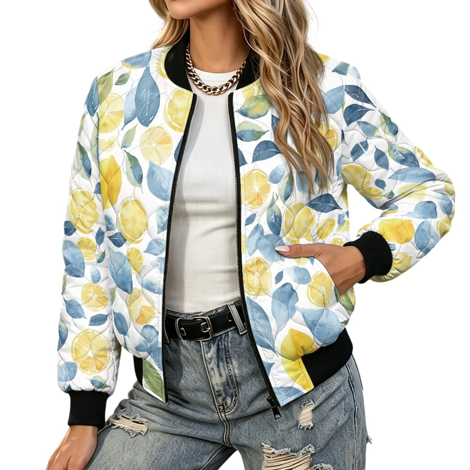 PENSTROLL Lemon Leaf Ladies Quilted Padded Bomber Jacket for Fall Winter Water-Resistant Winter Quilted Jackets for Daily Wear