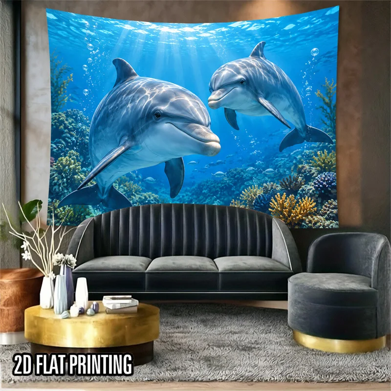 Dolphin Ocean Tapestry, Underwater Coral Reef Sunlight Bubble Sea Wall Hanging for Bedroom Dorm Nature Home Decor Cloth