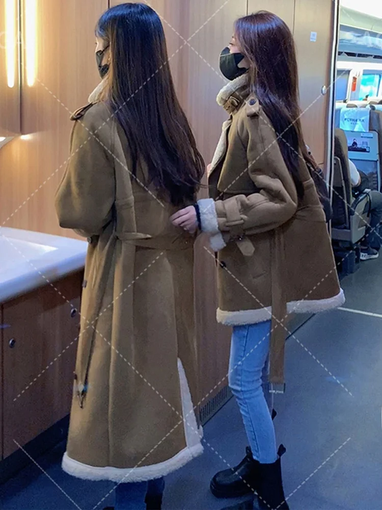 Abrigo de Lana ueso para Mujer, Chaqueta de Piel de Cordero, Terciopelo de Piel de Ciervo, Abrigo Largo de Otoño Invierno, ...