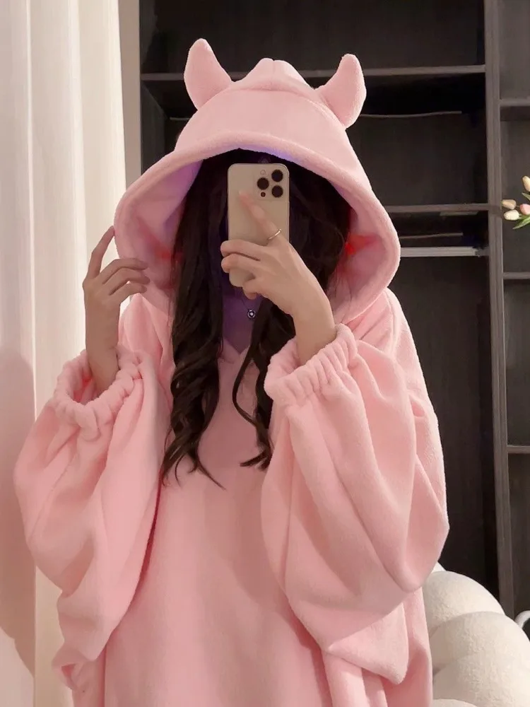 Kawaii Robes Women Winter Coral Velvet Pure Loose Hooded Design Chic Thicken Comfortable Students Ins Stylish New Sweet Popular