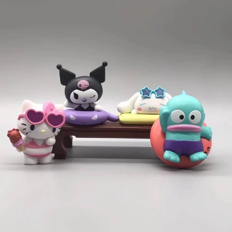 

Action Figures Model Summer Swimsuit Blind Box Collection Kt Cat White Kuromi Cinnamon Gashapon Official Genuine Collectible