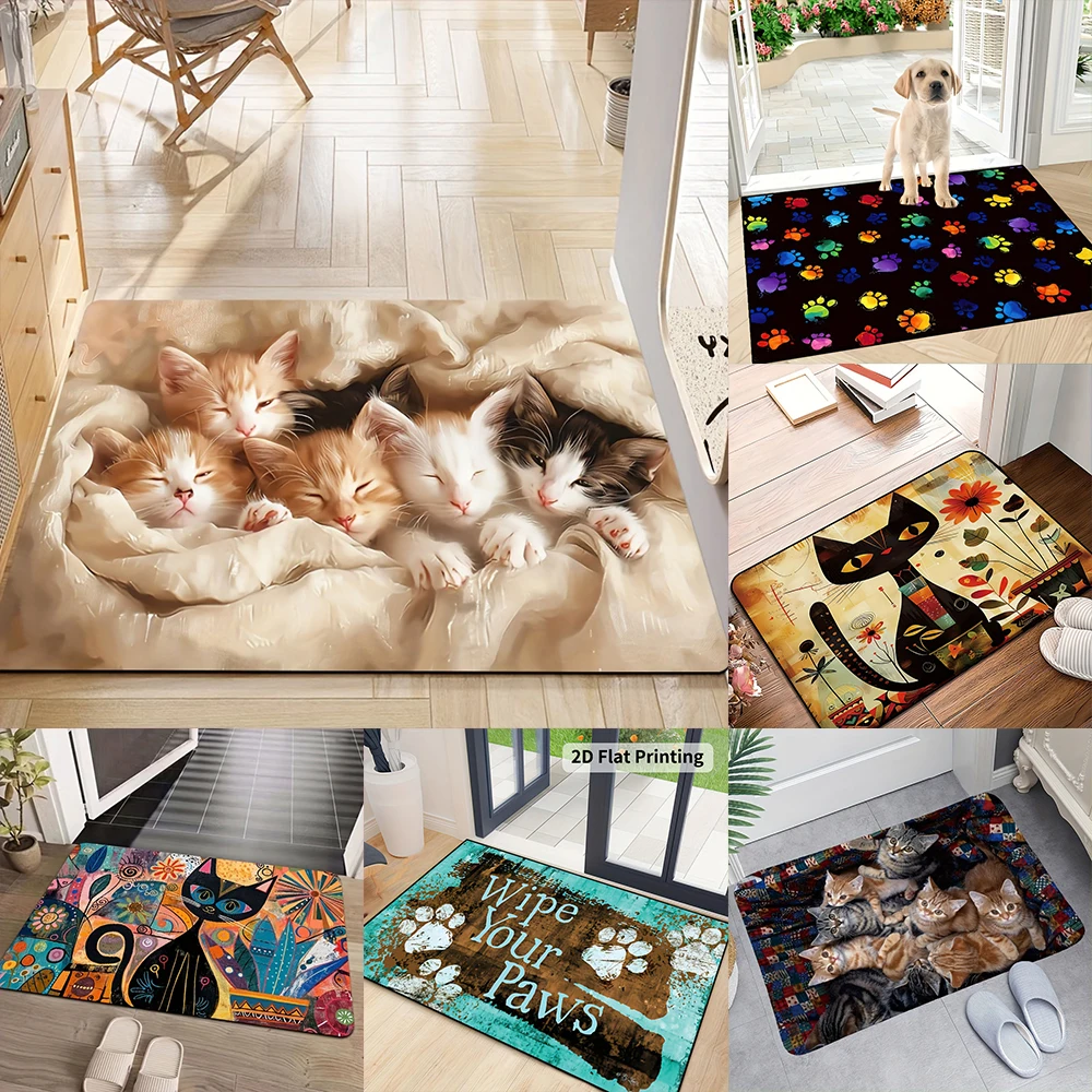 2D Flat-1pc Cute Cat Door Mats Only , Suitable for entrance, kitchen, living room, rectangular carpet decoration.