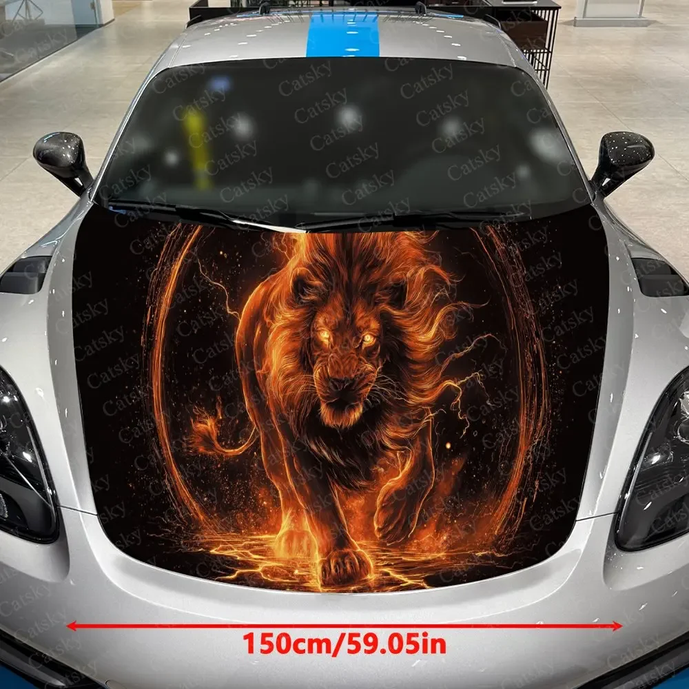 Flame Lion Thunder Rune Car Vinyl Wrap, PVC Waterproof Car Hood Sticker, Self-Adhesive Scratch-Resistant Engine Cover Sticker