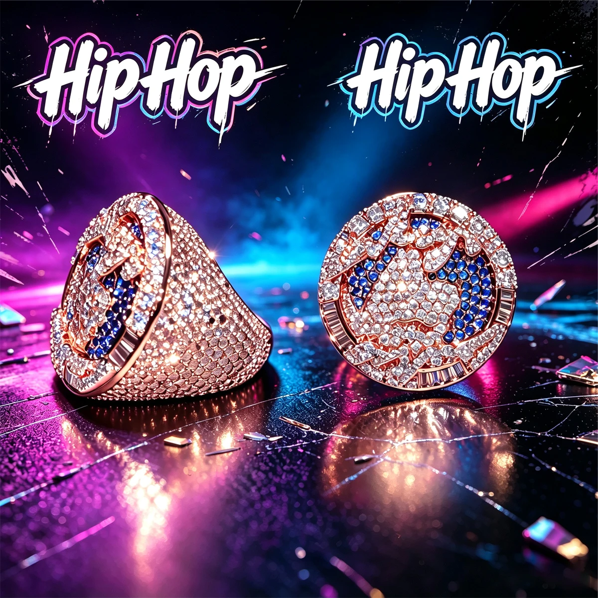 Iced‑Out Hip Hop Championship Men Ring Fully Micro Paved Sparkling White Blue Zircon Stones Plated 18K Rose Gold Bold Bling Statement Finger Jewelry Heavy Rapper Accessory For Party Club Street Daily Nice Present For Male Friends Rap Culture Ornament Gift