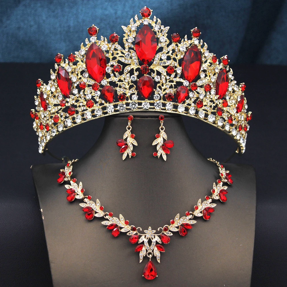 Vintage Baroque Rhinestone Crown Jewelry Set Luxury Crystal Tiara Necklace Earrings for Women Wedding Prom Pageant Birthday Part image 4