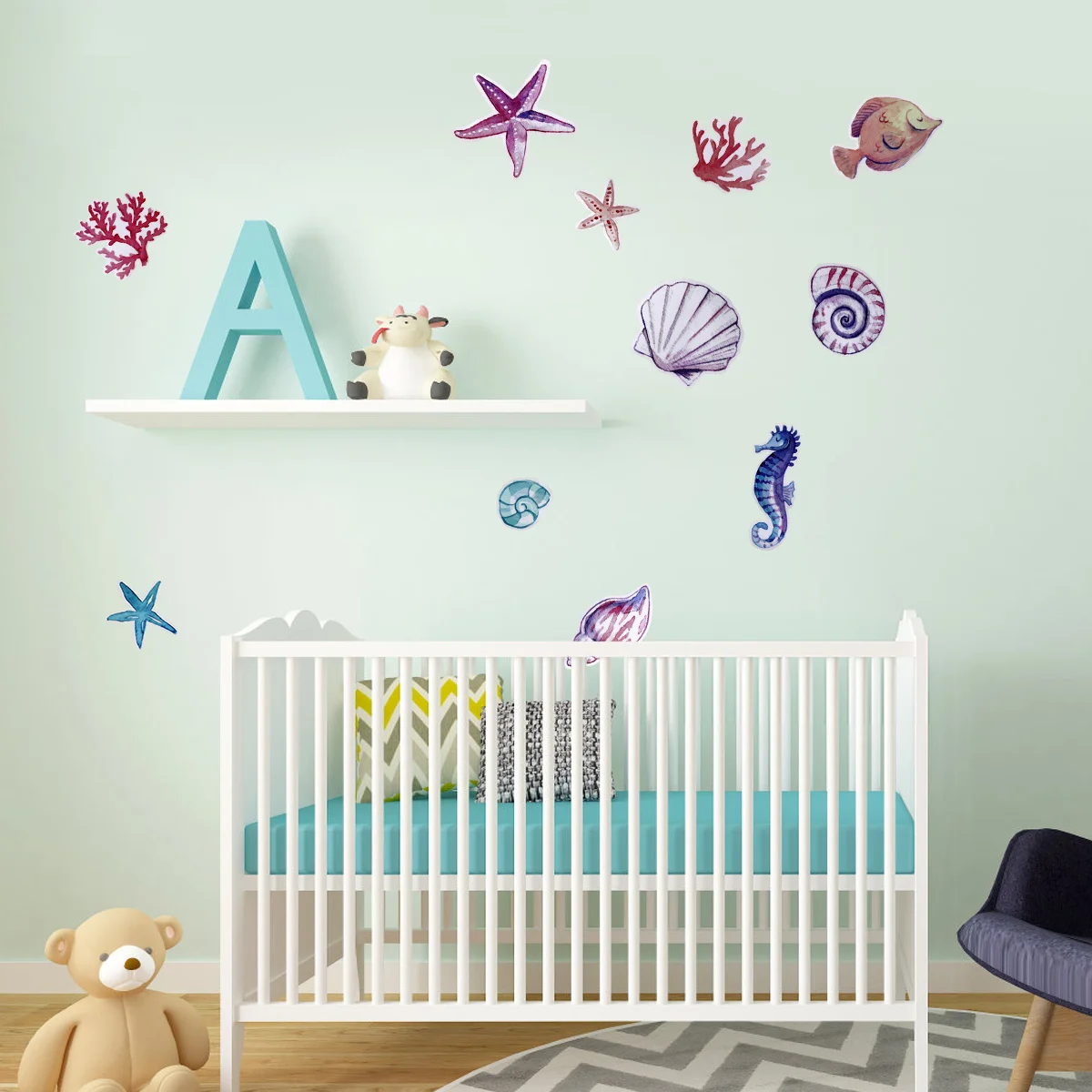 ملصق حائط من Ocean World مقاوم للماء وقابل للإزالة من مادة PVC بتصميم على شكل صدفة البحر لغرفة النوم وغرفة المعيشة وورق جدران فني