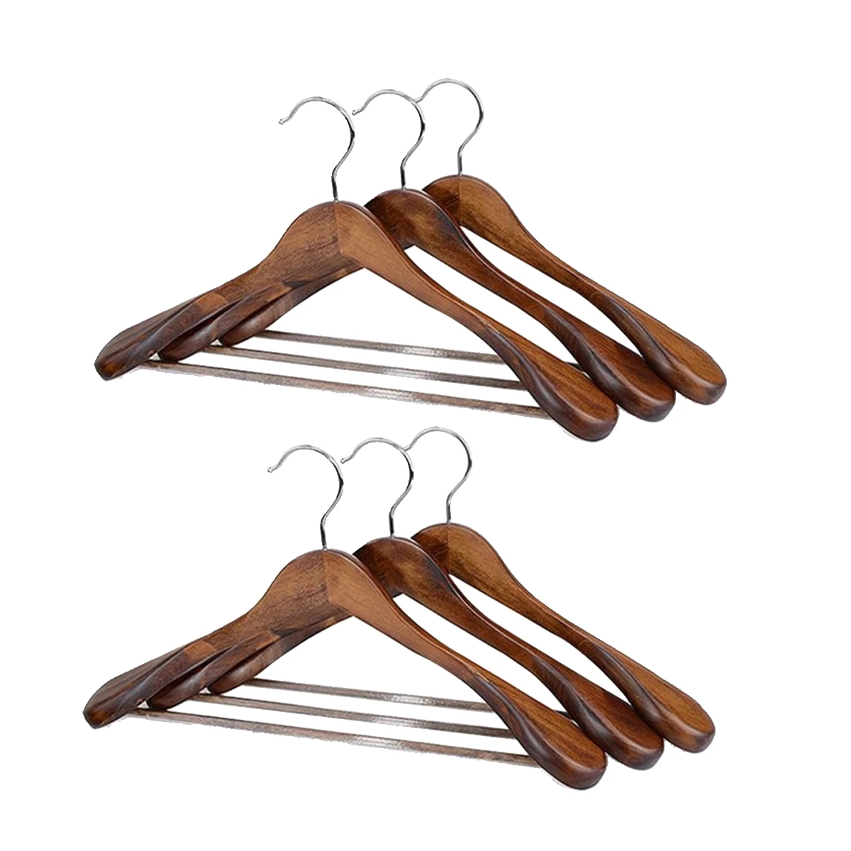 

6Pcs New Vintage Walnut Wooden Coat Hangers with Non Slip Pant Bar Premium Wood Swivel Hook for Suit Jackets Shirts