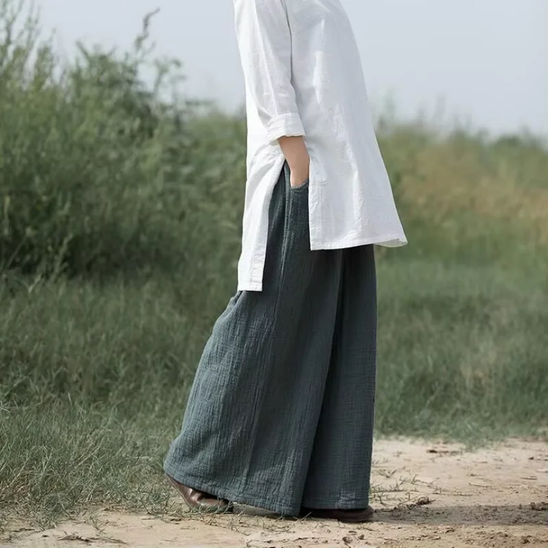 2026 Autumn Solid Loose casual Pants, 5XL 6XL Spring Women Vintage Elastic Waist Cotton Linen trousers Wide Leg long Pants