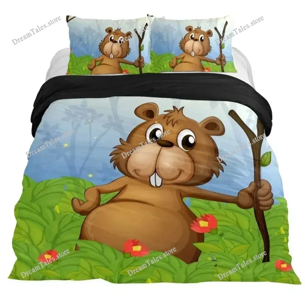 

Cartoon Beaver Duvet Cover King Queen Funny Lovely Animal Bedding Set Kids Girls Wildlife Polyester Comforter Cover Pillowcase