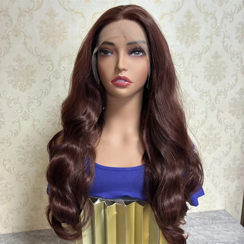 Natural Reddish Brown Lace Front Wigs Synthetic Chocolate Brown Body Wave Wig Red Wine Color Lace Frontal Wig Pre Plucked Wig