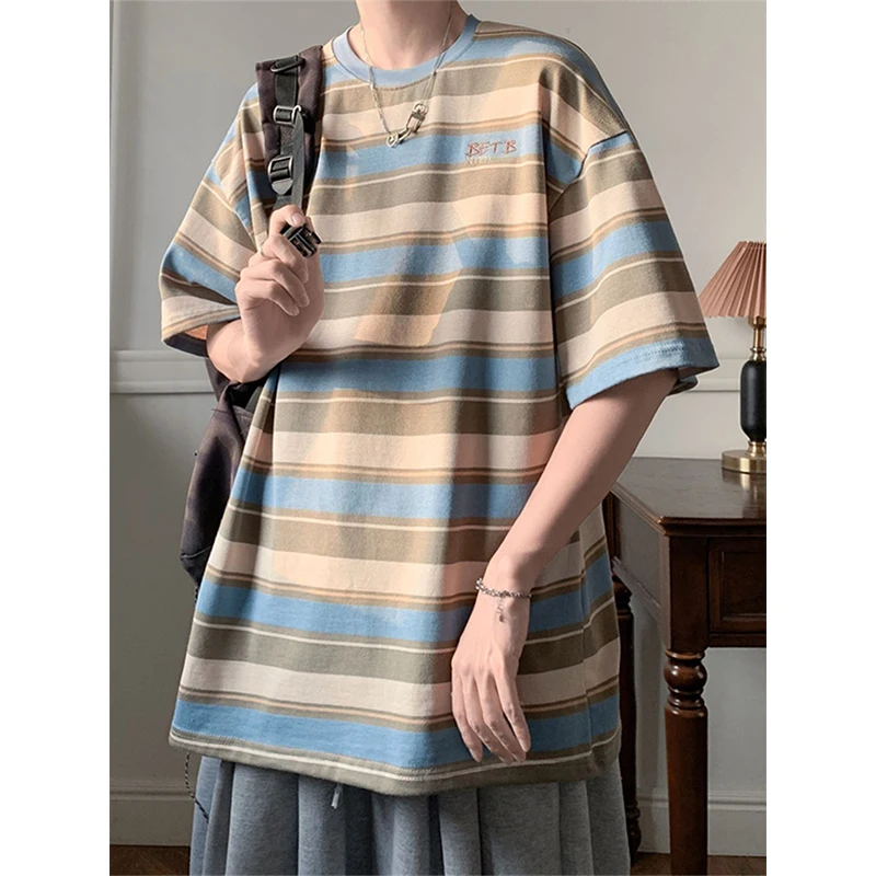 Summer Striped Printed Men O Neck Short Sleeve T Shirt Embroidery Graphic Japan Style Hit Color Fashion Casual Oversized Clothes
