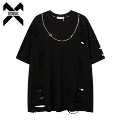 女性と男性のための穴のあるストリートウェアTシャツ,ヒップホップスタイルのブラウス,特大のゆったりとした男性のトップス,女性のための綿のTシャツ2023