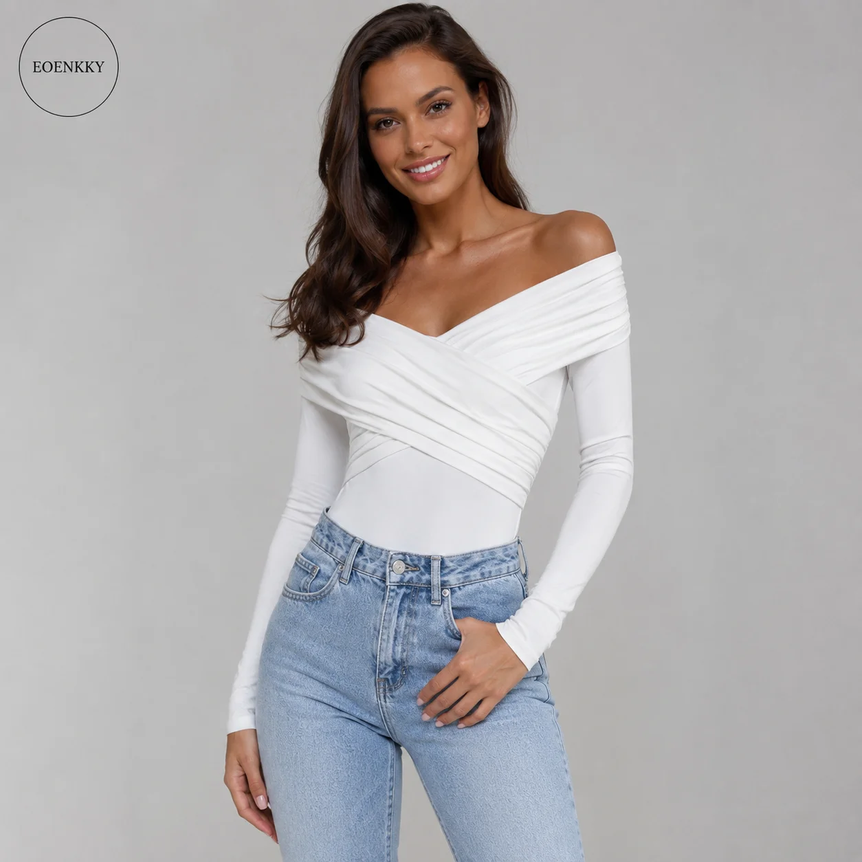 EOENKKY Women Off Shoulder Bodysuit Long Sleeve Cross Ruched Wrap Slim Fit High Waist Top Elegant Party Club Outfit
