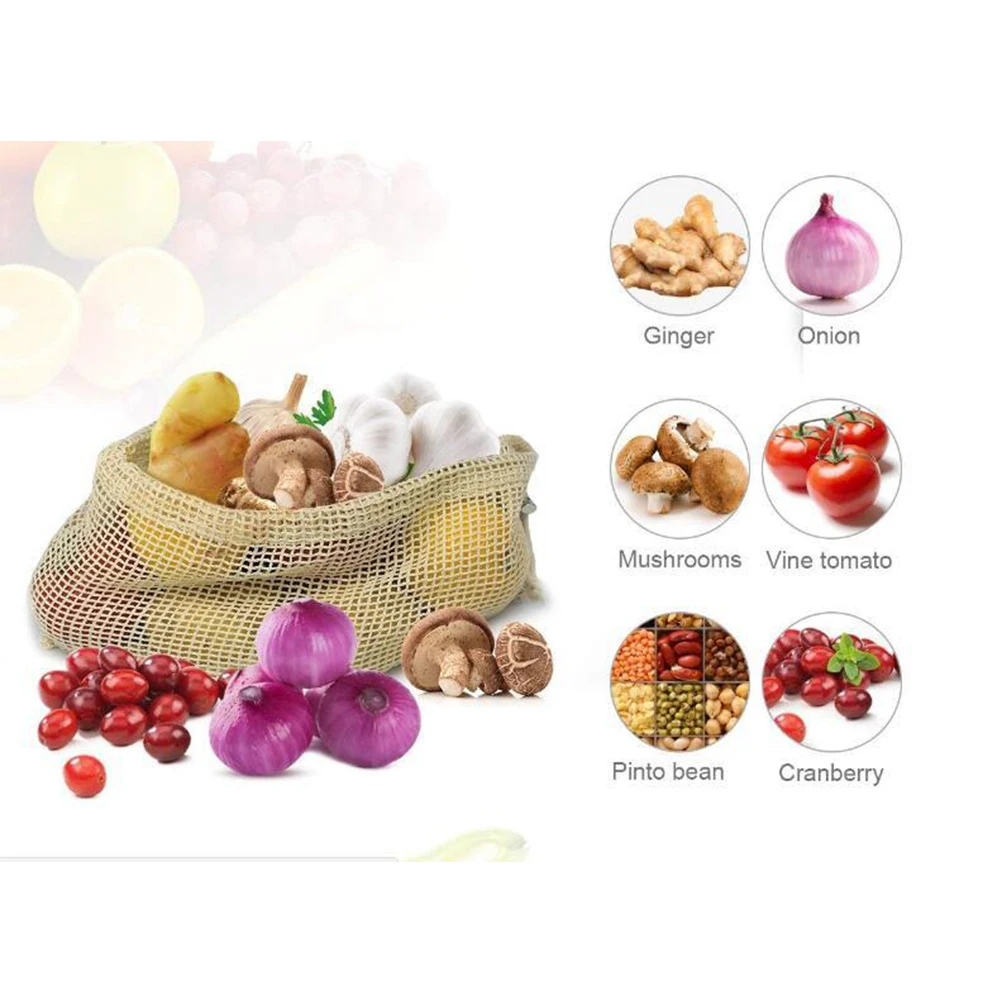 

3 pcs Cotton Mesh Washable Reusable Vegetable Fruit Storage Bags Drawstring 18X25Cm Eco-Friendly Organic Cotton Linen Produce