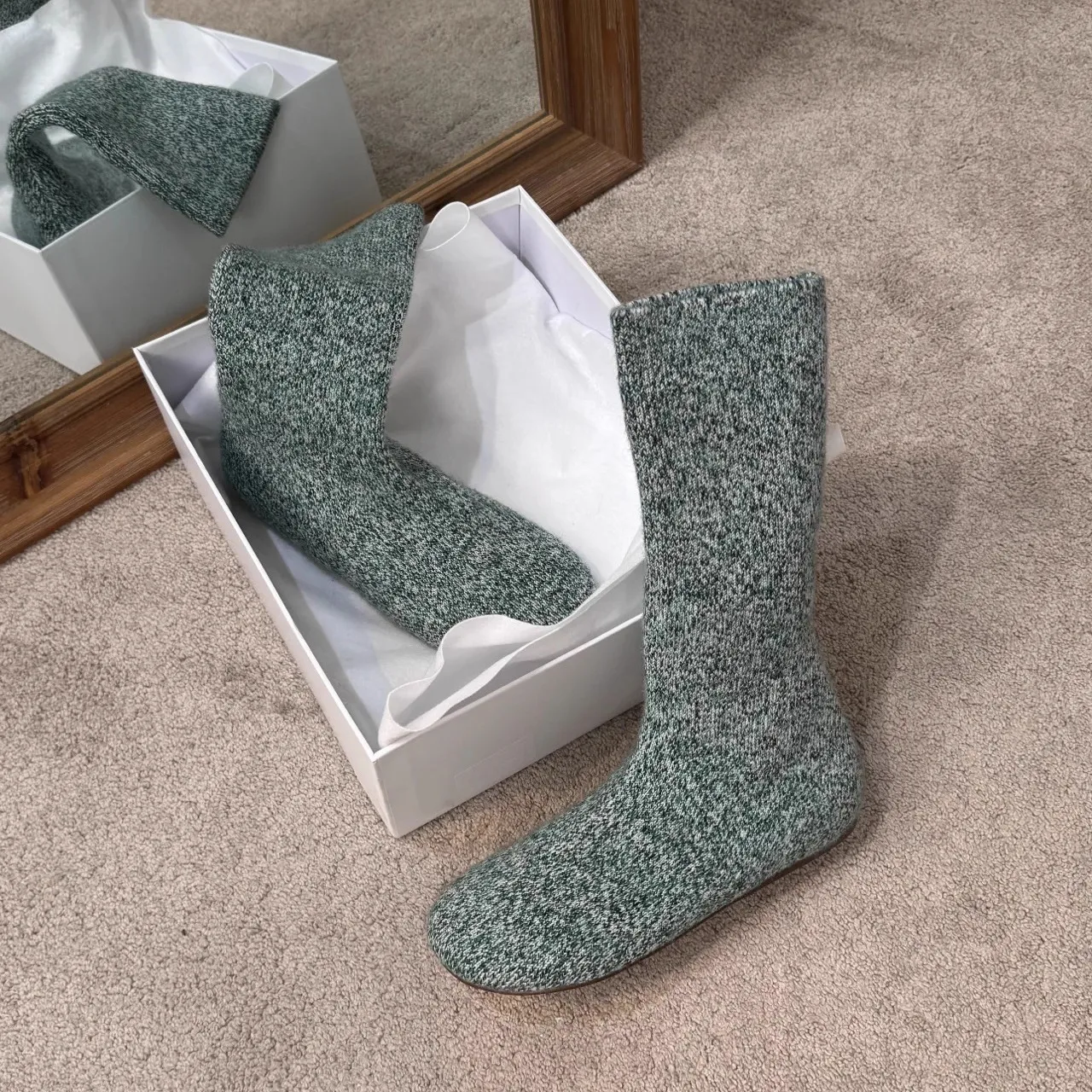 

Сапоги средней длины, женские зеленые вязаные носки с круглым носком и рукавами в стиле ретро, утягивающие и универсальные эластичные ботинки для похудения