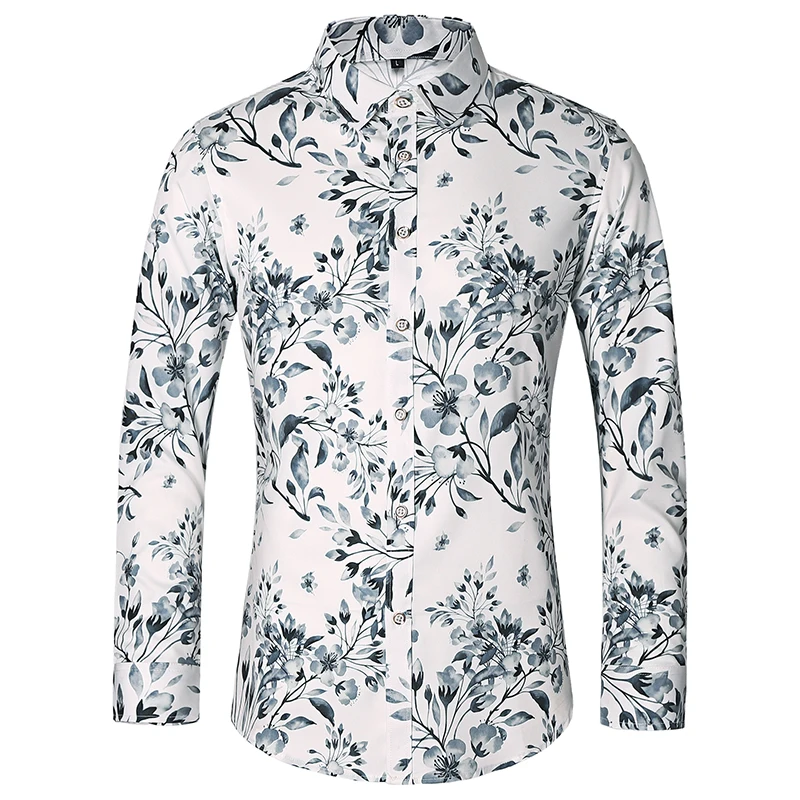 Camisa informal de manga larga con cuello vuelto para hombre, cárdigan con botones, estampado de flores, Tops Vintage, Fiesta en club nocturno, primavera y otoño, nuevo