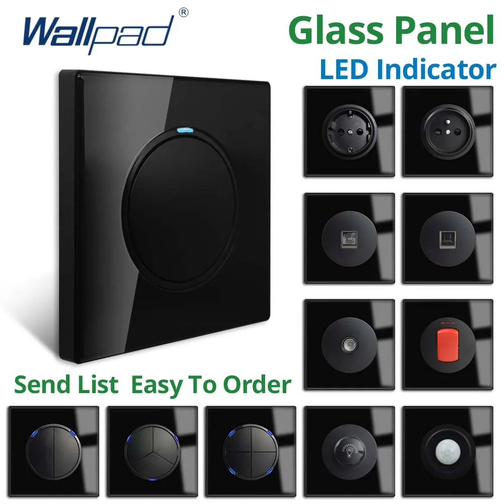 Wallpad Wall Light Switch and Socket Black Glass Panel Blue LED Indicator Push Button Electric Outlet AC110-220V 16A