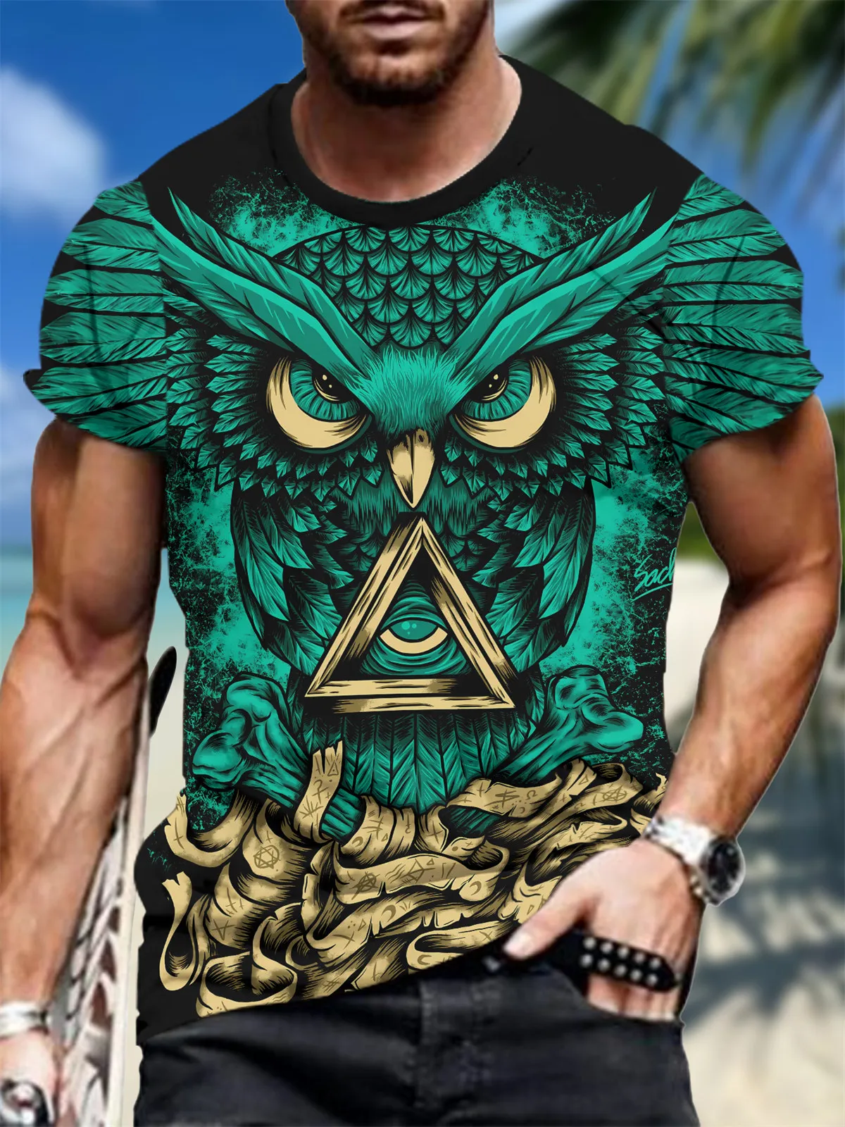 Novel owl pattern 3D printed round neck top short sleeved men's T-shirt oversized shirt men's anime T-shirt