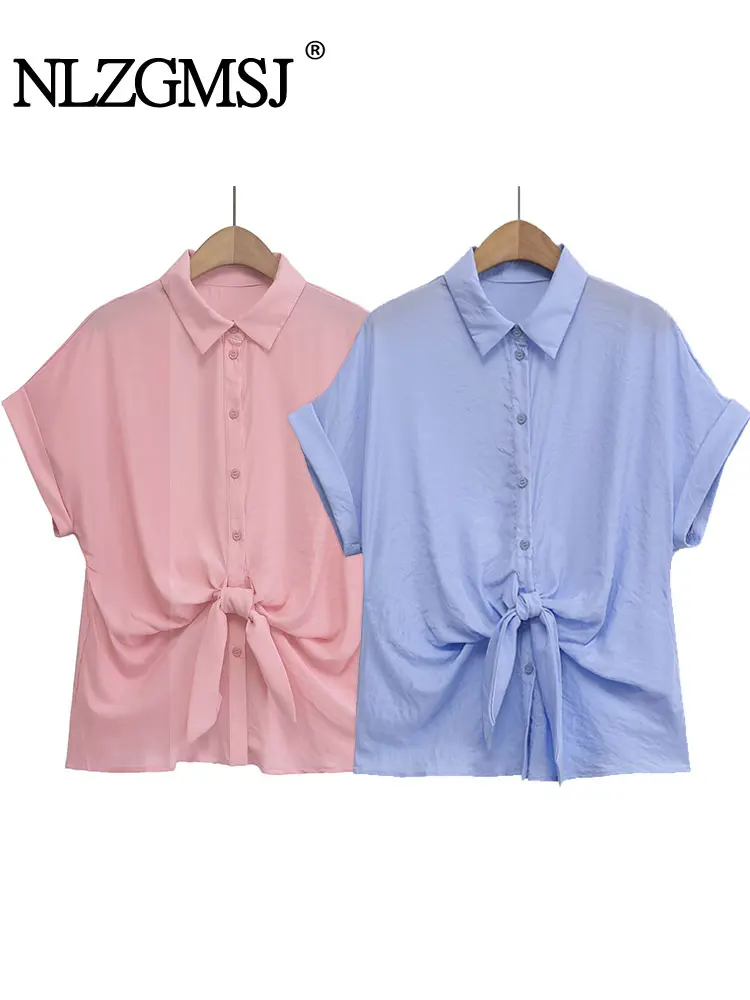 

NLZGMSJ 2025 Loose Solid Women Shirts Short Sleeve V Neck Single Breasted Bow Loose Blouse Fashion Summer Tops