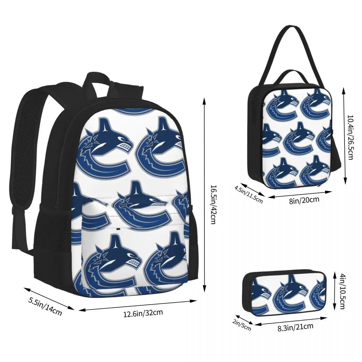 Eel Hockey Vancouver Canucks Merch Backpacks Boys Girls Bookbag School Bags Rucksack Lunch Bag Pen Bag Three-Piece Set
