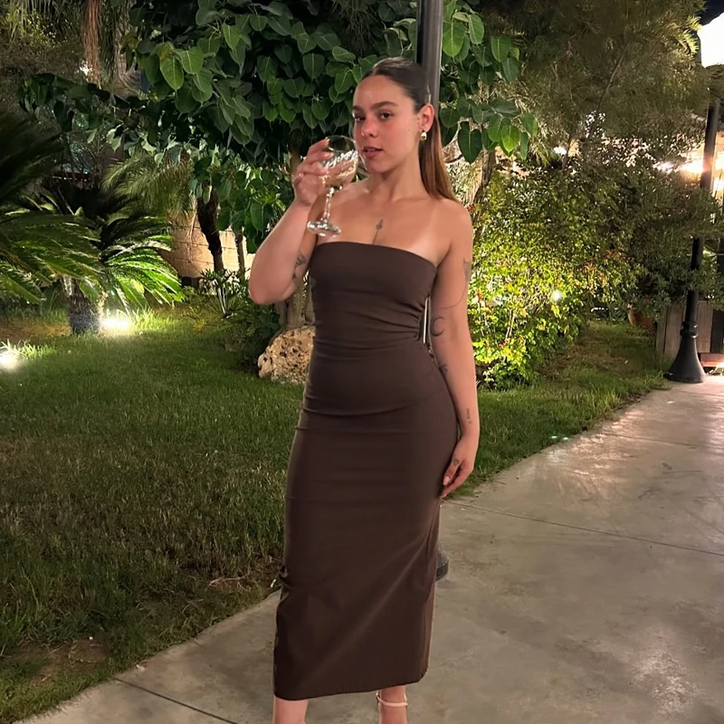 Vestidos tubo feminino cáqui babados halter midi vestido de noite praia espartilho vestido elegante feminino sem alças sem costas fenda vestido