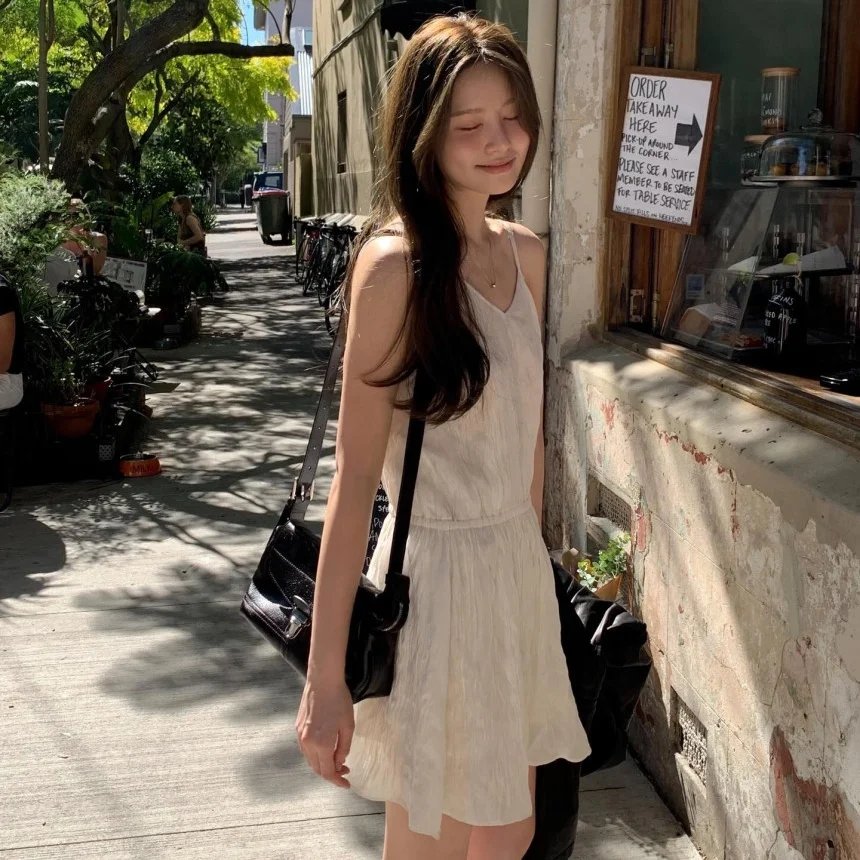 Elegant Sweet V-neck Sleeveless Drawstring Waist Pleated Dress Commute Style Short Skirt Length Casual Scene Pure Color