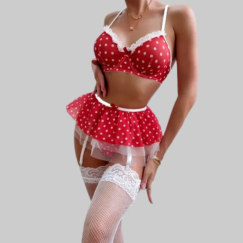 

Toucheart, сексуальный женский костюм в горошек, контрастный цвет, сетчатая ткань, милая пышная сетчатая юбка, подол, сексуальное нижнее белье, комплект из 5 предметов