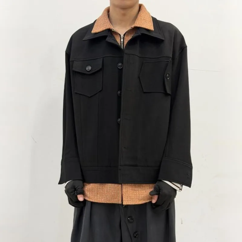 WVGA Autumn New Men Patchwork Collar Faux Two-Piece Trendy Jacket Ncihe Chic Casual Loose-fit Multi-Pocket Outerwear Coat W28424