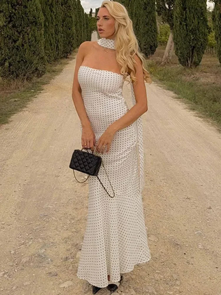 

Polka Dot Strapless Sexy Maxi Dress Women Gown Elegant Scarf Collar Off-shoulder Backless Sleeveless Club Party Dress